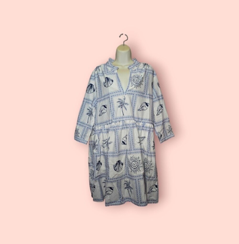 Calypso St. Barth Beach Dress Nautical Coastal White/Blue V-Neck Pockets XL